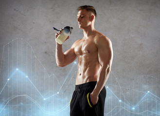 young man or bodybuilder with protein shake bottle