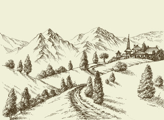 Fototapeta na wymiar Mountains view, small village in the background