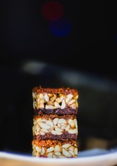 three-layer sherbet with honey and sugar syrup blue background,  east sweetness. place for text