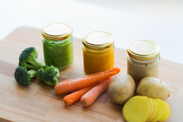 vegetable puree or baby food in glass jars