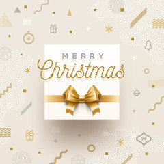 Fototapeta na wymiar Christmas holiday design - golden greeting and glitter gold bow on a abstract christmas background. Vector illustration.
