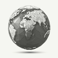 Vector geometric line- art earth globe illustration. Black and white polygonal drawing.