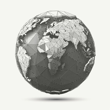 recommend clip art: Vector geometric line- art earth globe illustration. Black and white polygonal drawing.