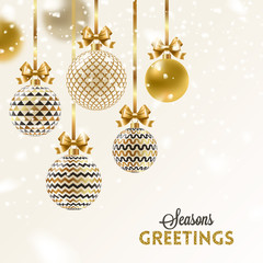 Christmas greeting card - patterned golden baubles with bow under snow. Vector illustration.