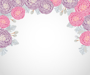 Decorative holiday background with pink and purple camellias, dusty miller and silver brunia.Vintage vector illustration in watercolor style