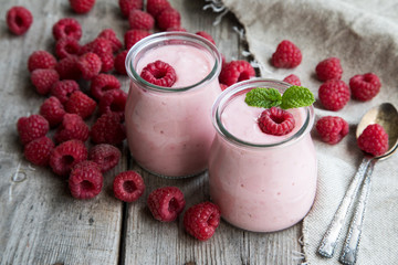 Yogurt smoothie with raspberries, fruit dessert. Berry smoothie. healthy dieting concept