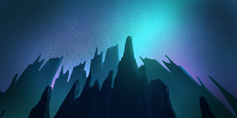 Fototapeta premium Fantastic rocks in the night, concept art, digital painting.
