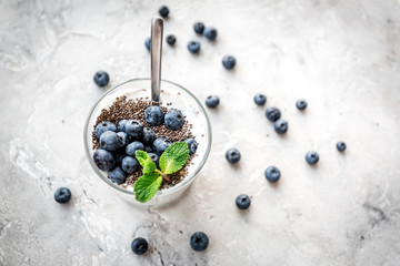 How to eat chia seeds. Dessert with yogurt, chia, blueberries and mint on grey background