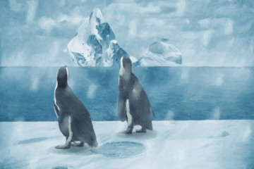 penguin in the snow and ice, storm with iceberg, drawn effect