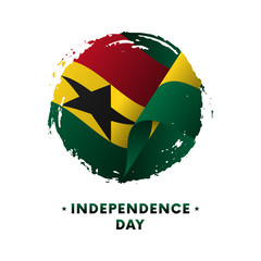Banner or poster of Ghana Independence Day celebration. Waving flag of Ghana, brush stroke background. Vector illustration.