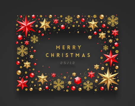 Christmas greeting illustration. Frame made from stars, ruby gems golden snowflakes, beads and glitter gold. Vector illustration.
