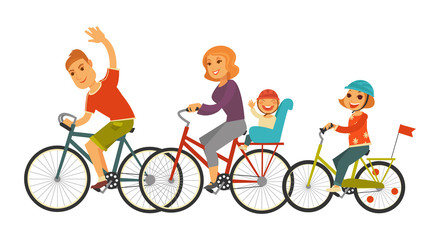 Naklejka premium Big family rides bicycles together isolated cartoon illustration