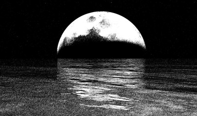 Sketchy full moon and the ocean illustration