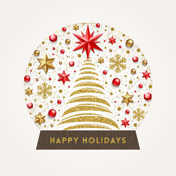 Decorative snow globe silhouette made from stars, beads, ruby gems, glitter gold snowflakes and christmas tree. Vector illustration.