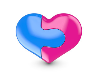 Heart divided into two halves, pink and blue on a white background.