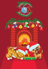 Векторное новогоднее изображение украшенный камин, собака и кот с подарками