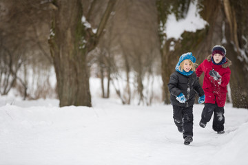 Portrait of adorable little kid boys running on snow and playing with snow outdoors in the park. Children in warm clothes walking and having fun on a windy winter day.