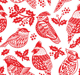 Winter seamless pattern with decorative birds in red colors