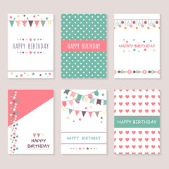 Set of birthday greeting cards design. Bounting flags, stars and circles and other decorative elements. Celebration background collection. Cute patterns and ornaments