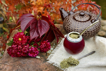 Mate tea in a calabash on a stone table in the garden