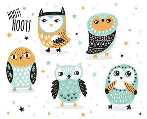 Set of cute cartoon owls with ethnic ornament