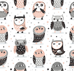 Vector seamless pattern with cartoon owls. Nursery decor
