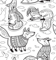 Ink snowy seamless pattern with cartoon foxes in cozy sweaters.