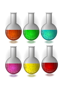 Glass flasks with color liquid inside.
