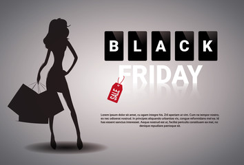 Black Friday Sale Banner Design With Silhouette Female Holding Shopping Bags On Background Holiday Discount Poster With Copy Space Vector Illustration
