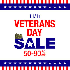 Naklejka na ściany i meble Happy Veterans Day sale banner. Holiday background with bunting flags and captain cap. Thank you, Veterans. Vector illustration