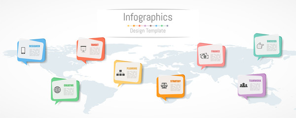 Fototapeta premium Infographic design for your business data with 8 options, parts, steps, timelines or processes. Communication network concept, Vector Illustration. World map of this image furnished by NASA