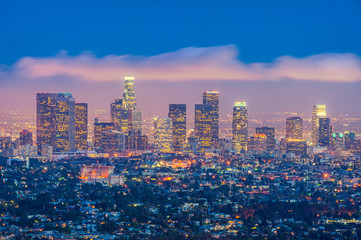 Skyline of Los Angeles, California, USA at dusk