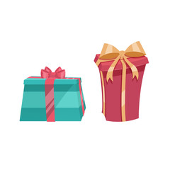 Cartoon trendy design vintage gift box set. Blue box with red ribbon and red box with gold one.