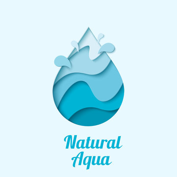 Natural aqua - water drop logo design template. Vector abstract waterdrop with splash paper cut style logotype. Save water - ecology concept
