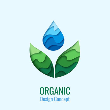 Organic Product - vector abstract background with paper cut water drop and green leaves. Ecology concept symbol. Creative logo design