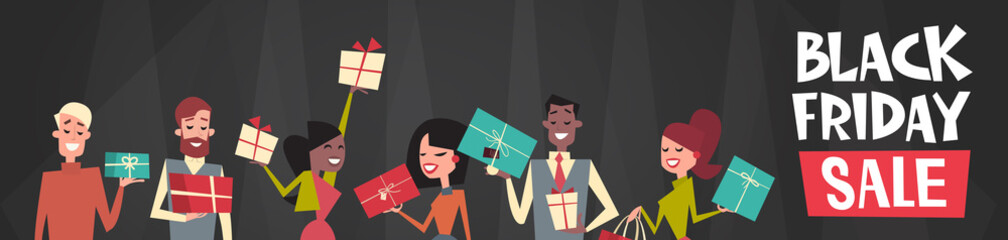 Black Friday Sale Text Over Group Of People Holding Different Gift Boxes Horizontal Web Banner Flat Vector Illustration
