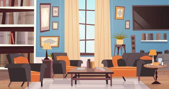 Cozy Living Room Interior Design With Modern Furniture, Window, Sofa, Table Armchairs, Bookcase And Tv Flat Vector Illustration