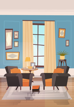 Cozy Living Room Interior Design With Modern Furniture, Armchairs Near Small Tabel And Window Flat Vector Illustration