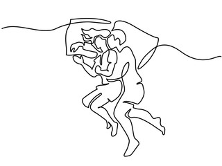 Continuous line drawing. Beautiful couple in sleeping pose on pillows. Vector illustration