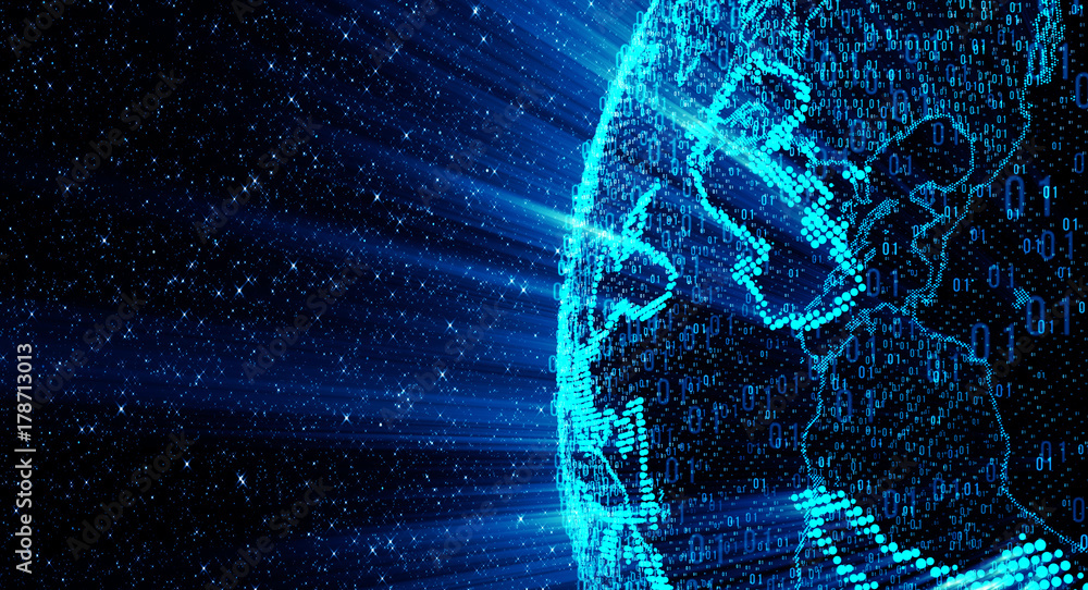 Poster binary code globe world/virtual hologram communication system of the planet earth, blue ray hologram