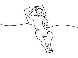 Continuous line drawing. Man in sleeping pose on pillow. Vector illustration