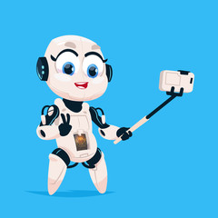 Cute Robot Take Selfie Photo Robotic Girl Isolated Icon On Blue Background Modern Technology Artificial Intelligence Concept Flat Vector Illustration