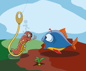 Червяк сидит на крючке и приманивает рыбу, векторная иллюстрация
