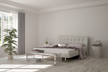 Idea of white minimalist bedroom. Scandinavian interior design. 3D illustration