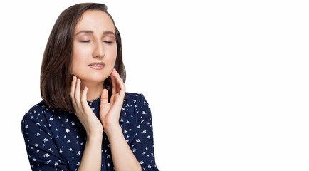 Front portrait of beautiful face closed eyes - isolated on white. Beautiful girl with makeup, and skin care cosmetic concept. attractive beauty woman on face with hand touch cheek and smile