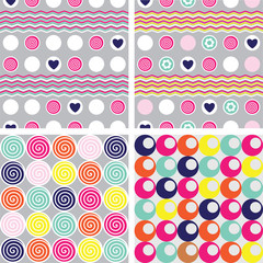 Set of colorful  abstract  seamless patterns. Pastel color grey pink turquoise yellow patterns with swirls, circles, hearts, dots and zigzags. Retro, groovy, girly
