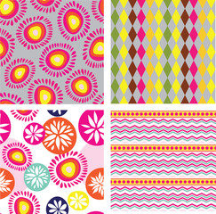 Set a four vibrant colourful abstract geometric patterns with circles flowers zigzag dots in pink, yellow, purple, grey, orange and brown, cheerful retro and groovy