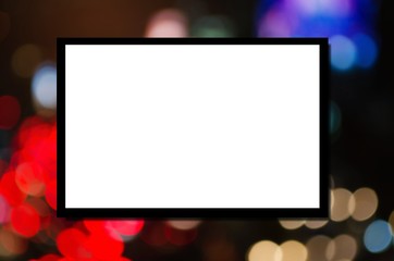 white blank board  or advertising billboard for your text message or media content with abstract night light bokeh background, commercial, marketing and advertising concept