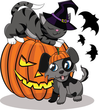 Векторное изображение к празднику Хэллоуин. Собака, кот и тыква.