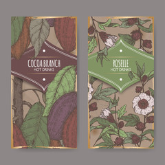 Set of two color labels with Roselle aka Hibiscus sabdariffa and Cocoa tree aka Theobroma cacao branch sketch. - 178714610